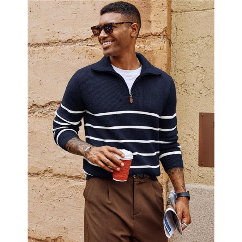 Men's Quarter Zip Sweater Striped Mock Neck Pullover Sweater - Picture 2 of 6